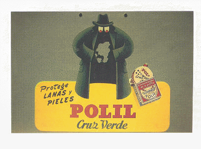 Josep Artigas, Barcelona, 1948. Cartel publicitario para Cruz Verde, aún vigente. La imagen del señor del abrigo creada para un cartel se aplicará también en displays, anuncios y envases del producto.